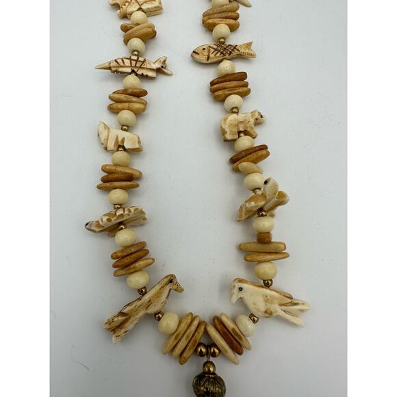 Vintage Navajo Carved Bone Necklace 13" Fish, Bird, Turtle, Bear, Lion - Picture 9 of 10